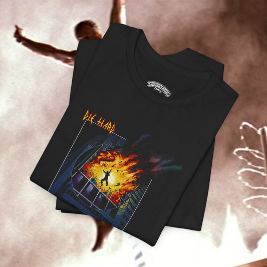 Die Hard meets Def Lep's Pyromania mash up film and music T‑Shirt