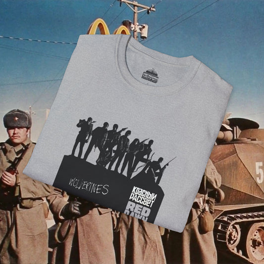 Red Dawn T-Shirt Wolverines 1984 Patrick Swayze Movie Tee Black Gray