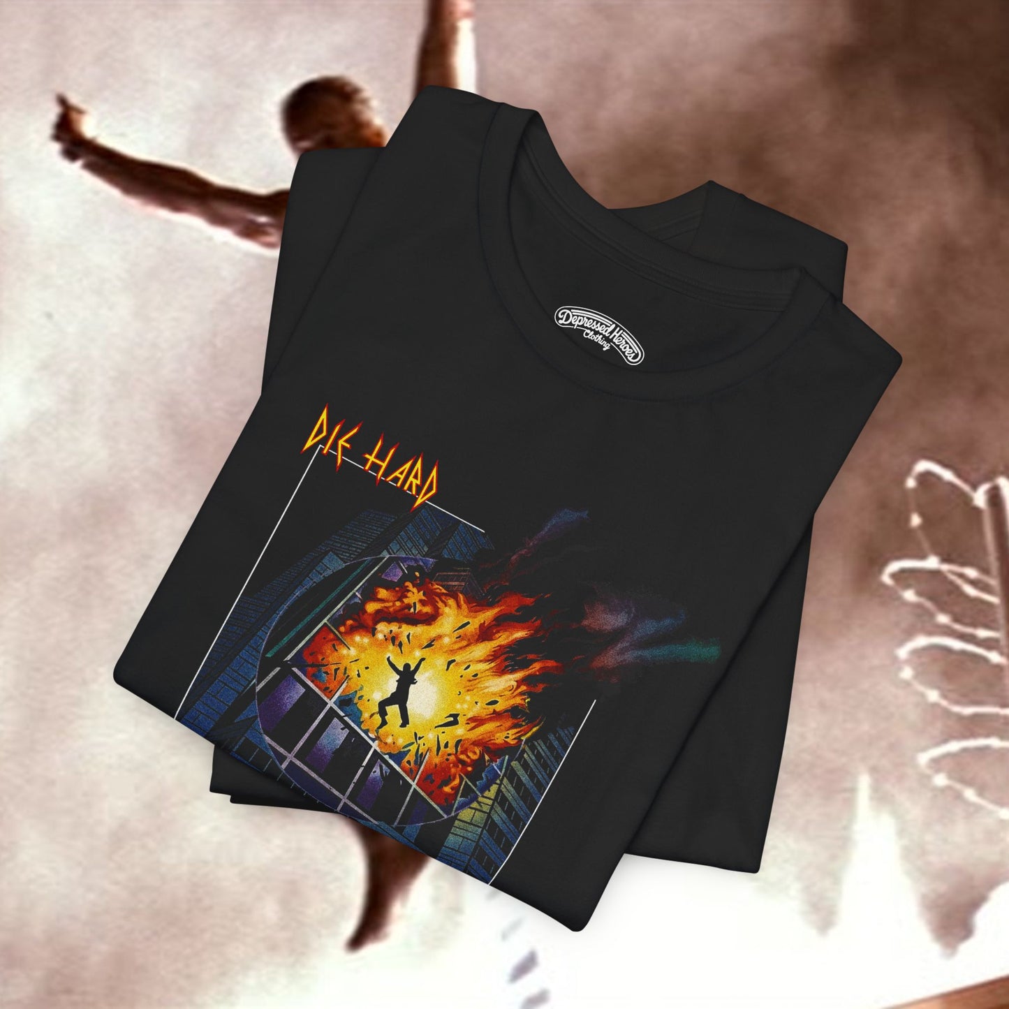 Die Hard meets Def Lep's Pyromania mash up film and music T‑Shirt