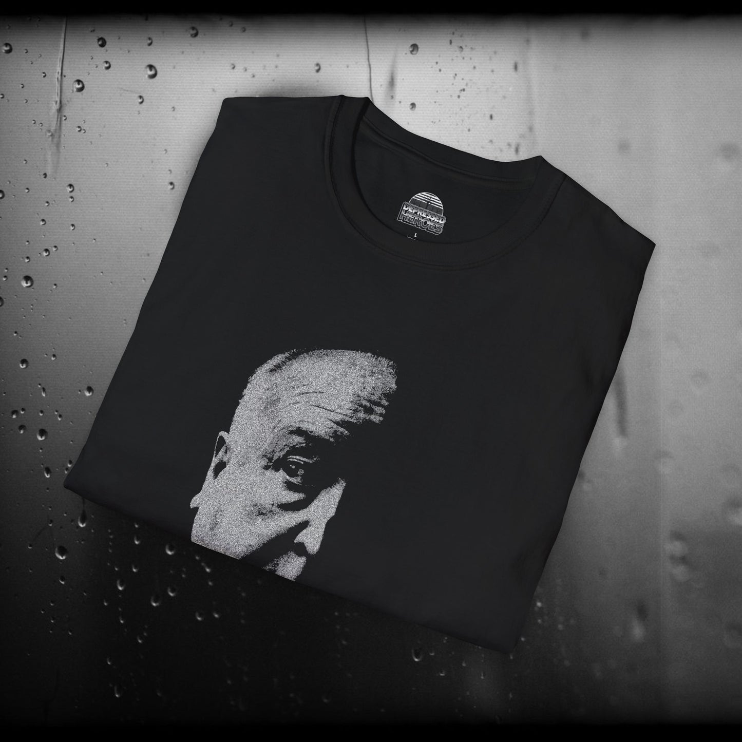 Alfred Hitchcock Half-Face high contrast black and white graphic T-Shirt