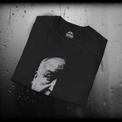 Alfred Hitchcock Half-Face high contrast black and white graphic T-Shirt