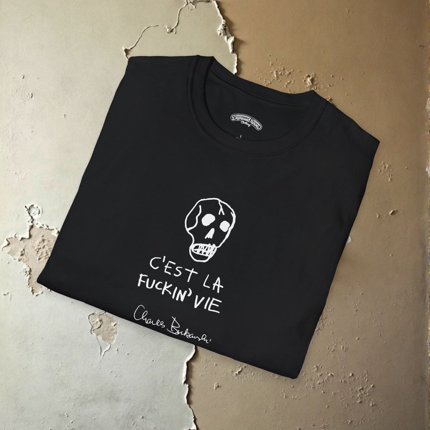 Charles Bukowski C'Est La F'n Vie" Hand Written Note and Sketch Unisex Softstyle T-Shirt