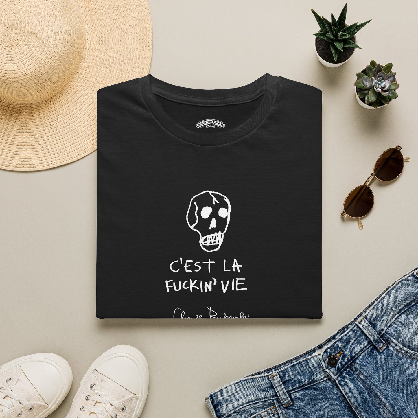 Charles Bukowski C'Est La F'n Vie" Hand Written Note and Sketch Unisex Softstyle T-Shirt