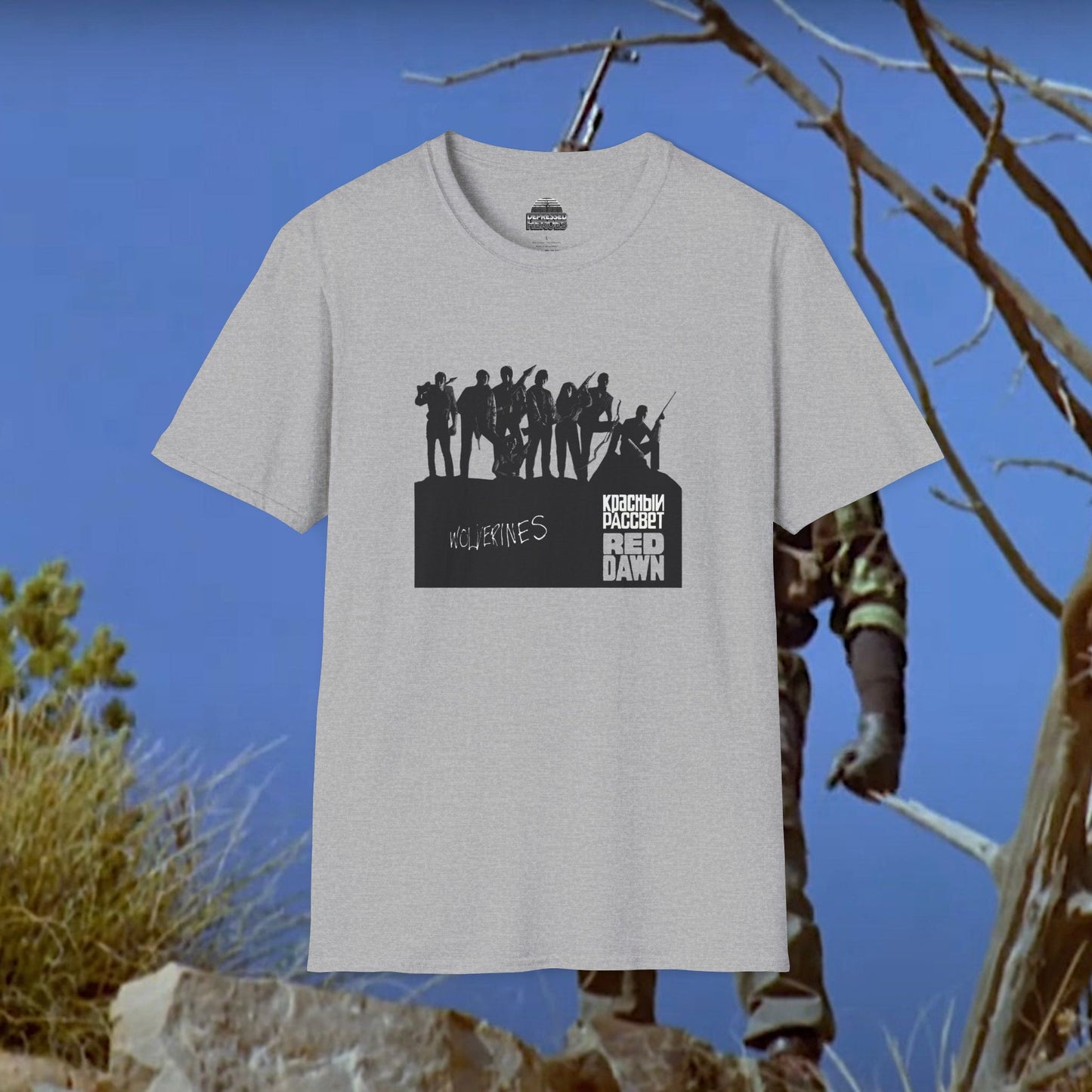 Red Dawn T-Shirt Wolverines 1984 Patrick Swayze Movie Tee Black Gray