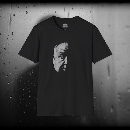 Alfred Hitchcock Half-Face high contrast black and white graphic T-Shirt