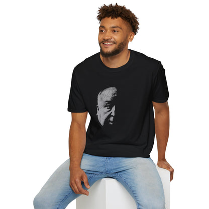 Alfred Hitchcock Half-Face high contrast black and white graphic T-Shirt