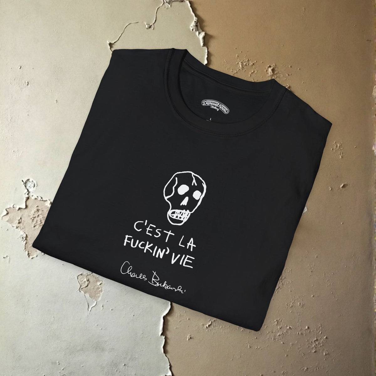 Charles Bukowski C'Est La F'n Vie" Hand Written Note and Sketch Unisex Softstyle T-Shirt